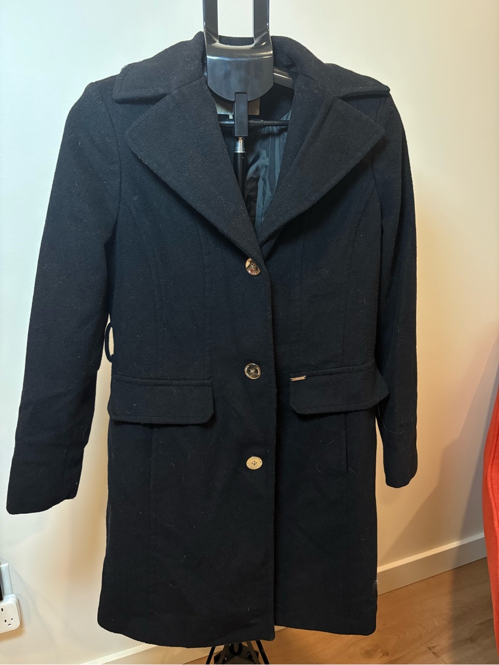 Michael Kors Black Wool Pea Coat with Notch Lapel